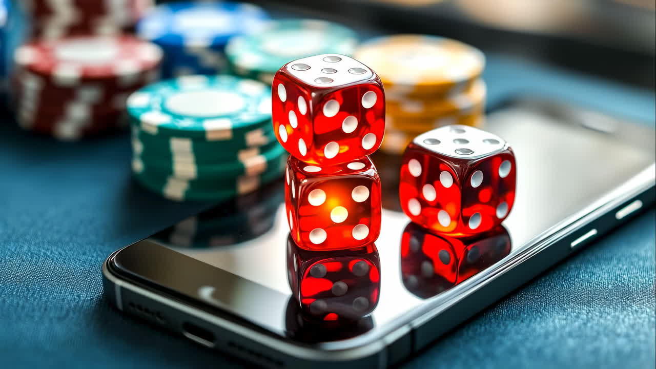 Gaming, Dice and chips on phone. A close-up view of red dice and chips placed on a smartphone displaying a gaming scene, highlighting a gaming moment