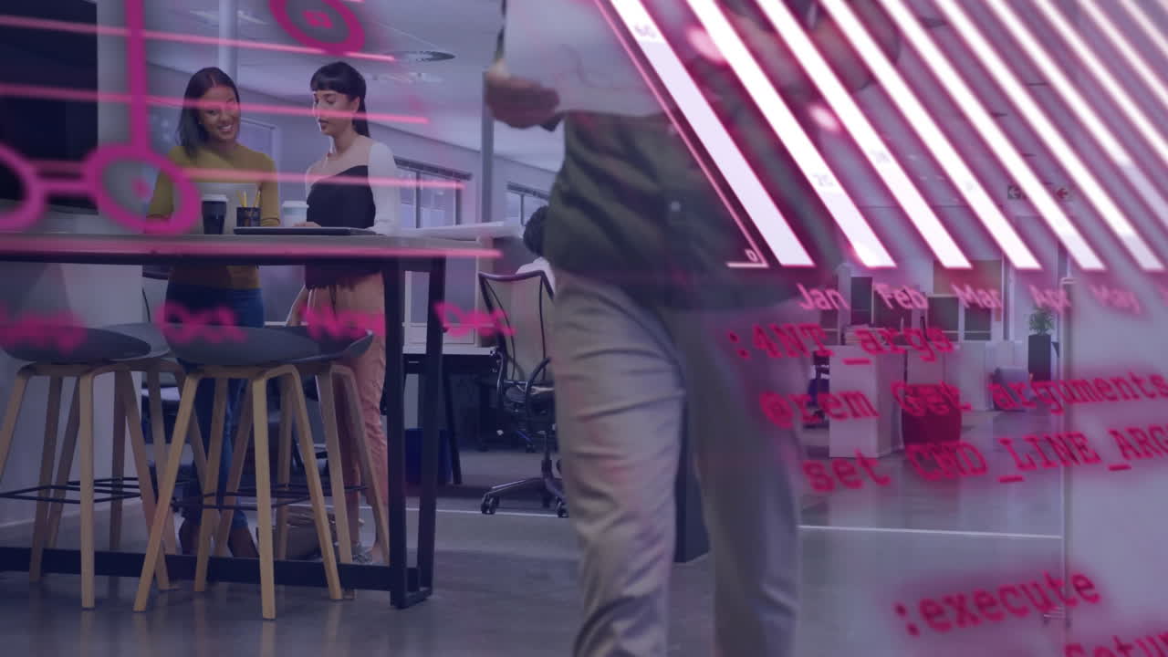 財務データ処理のアニメーション オフィスで働く多様な同僚の上で