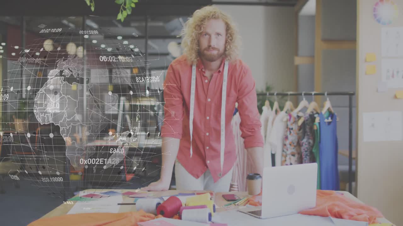 데이터 프로세싱과 함께 지구상의 애니메이션 카우카시안 남성 디자이너