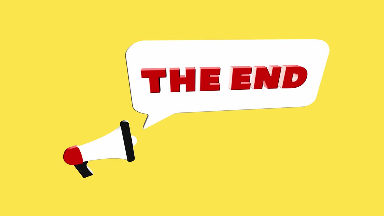 3d realistic style megaphone icon with text The end isolated on yellow background. Megaphone with speech bubble and the end text on flat design. 4K video motion graphic