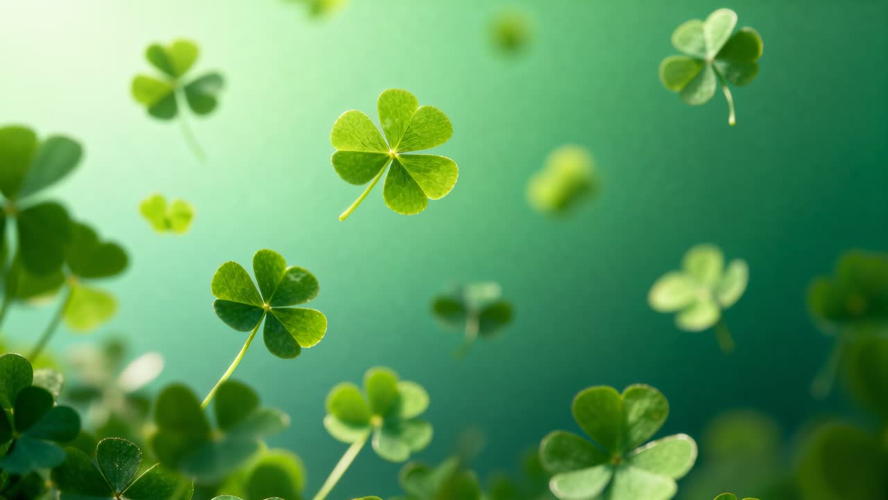 Frames showing central four-leaf clover rising and rotating in macro close-up with blurred leaves