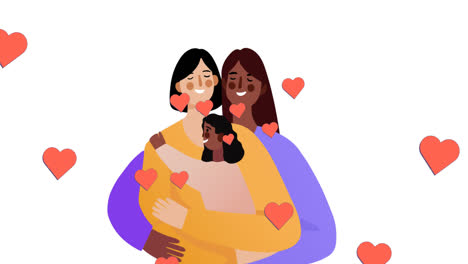 animación de una pareja de lesbianas diversas con una hija sobre un fondo blanco con corazones