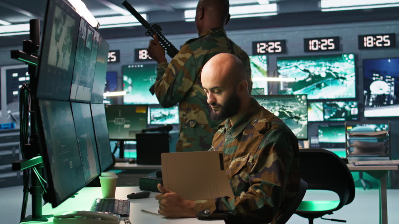 Tired military officer reading intel folder on enemy, feeling fatigued