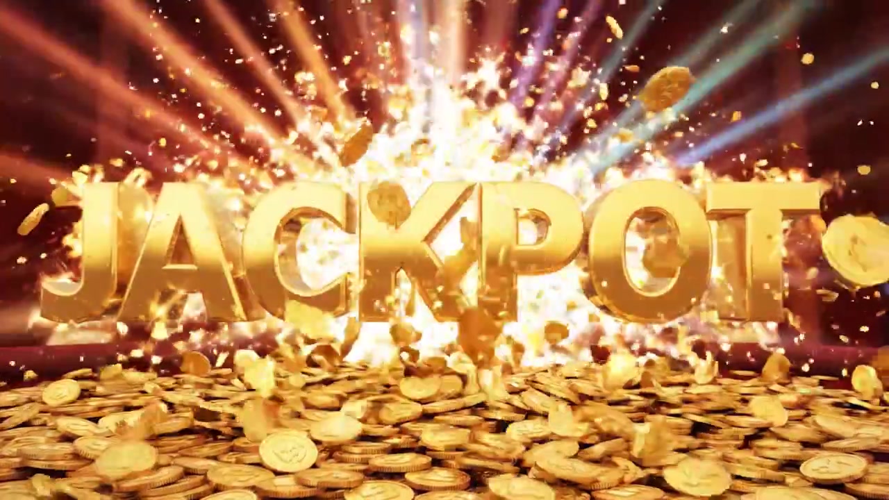 การแสดงตัวอักษรสีทองคำว่า Jackpot ที่ตระการตา ล้อมรอบด้วยการระเบิดของเหรียญทองและแสงที่งดงาม สื่อถึงโชคลาภมหาศาลและความตื่นเต้น