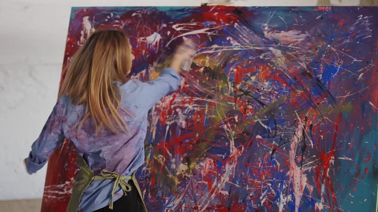 Leidenschaftliche Frau malt abstraktes Bild mit Sprühfarben im Atelier