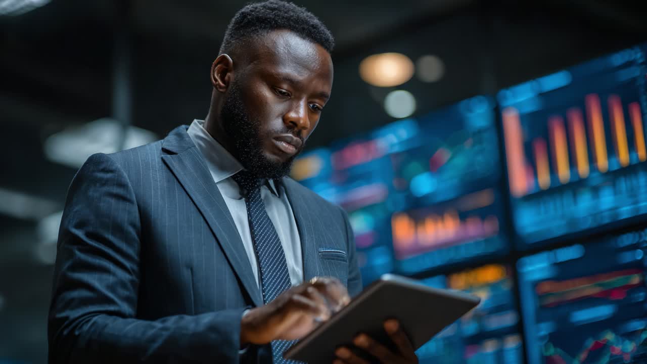 Professional Man Analyzing Data on Tablet in Modern Office with Financial Charts and Graphs Displaying Business Performance Insights