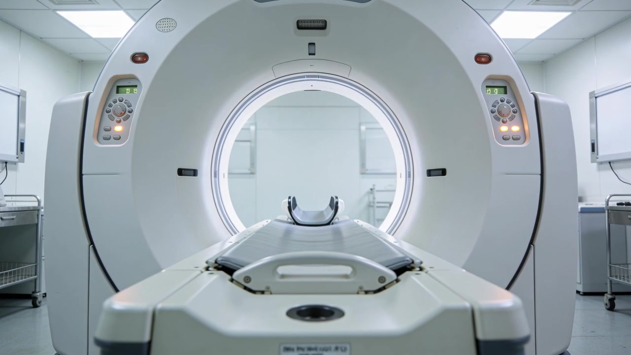 Avvio della scansione, gantry TC e lettino del paziente che si muovono nell'apertura nella sala di diagnostica per immagini, con i pannelli che si illuminano.