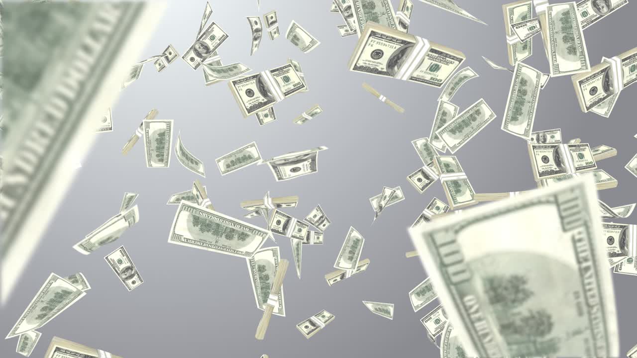 Banconote da 100 dollari USA che volano, isolate su sfondo bianco.