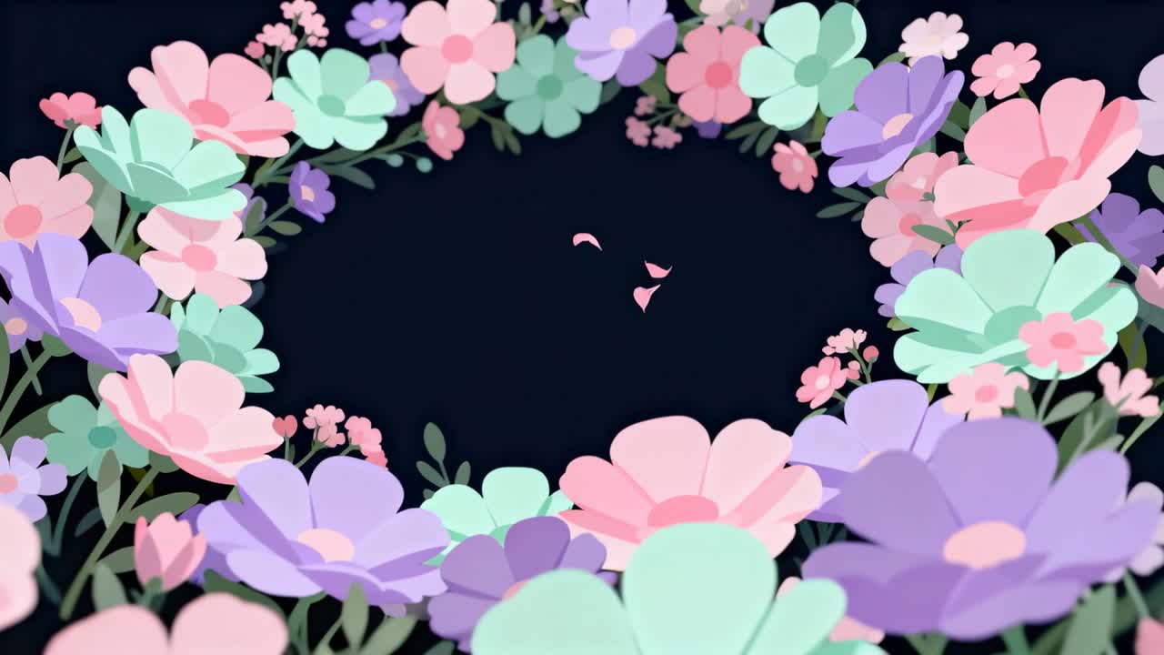 Revealing central crescents, circular floral wreath relaxing and shedding petals on deep navy void