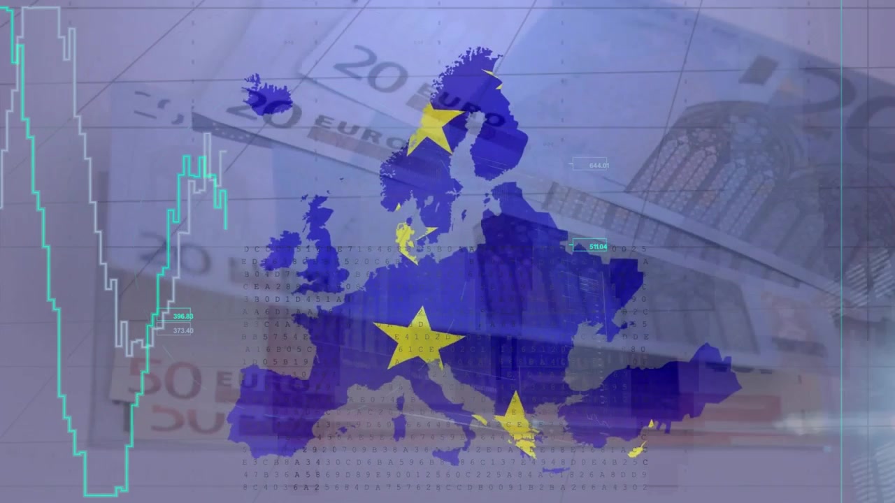 Mappa blu dell'Europa con al centro una banconota da 20 euro e una matrice di codice che forma grafici emergenti da sinistra, mostrando i mercati
