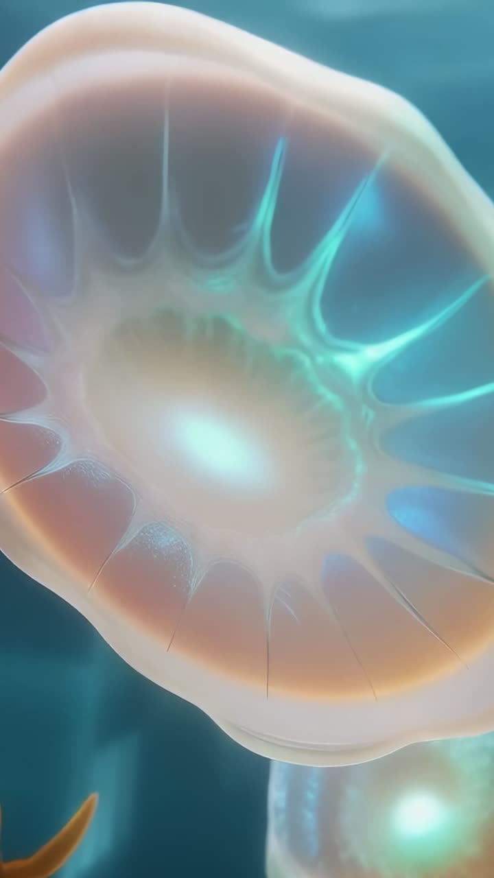 Video verticale: meduse vitree alla deriva che pulsano e si chiudono in blu intenso, con raggi che illuminano il nucleo