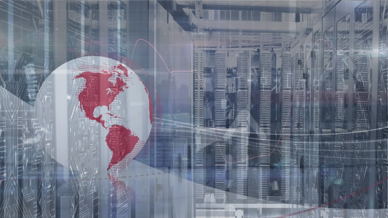 Animation of data processing and globe over computer servers