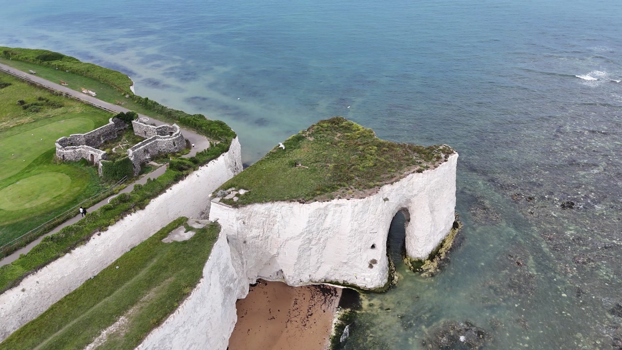 Rock arch at Kingsgate bay Kent coast UK ascending
drone,aerial