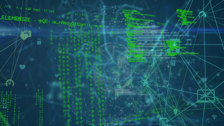 Animation of globe with network of connections and data processing