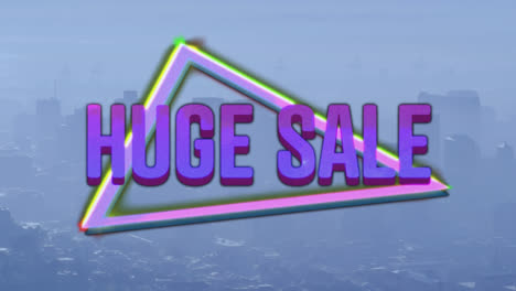 animation of huge sale text with neon triangles over cityscape