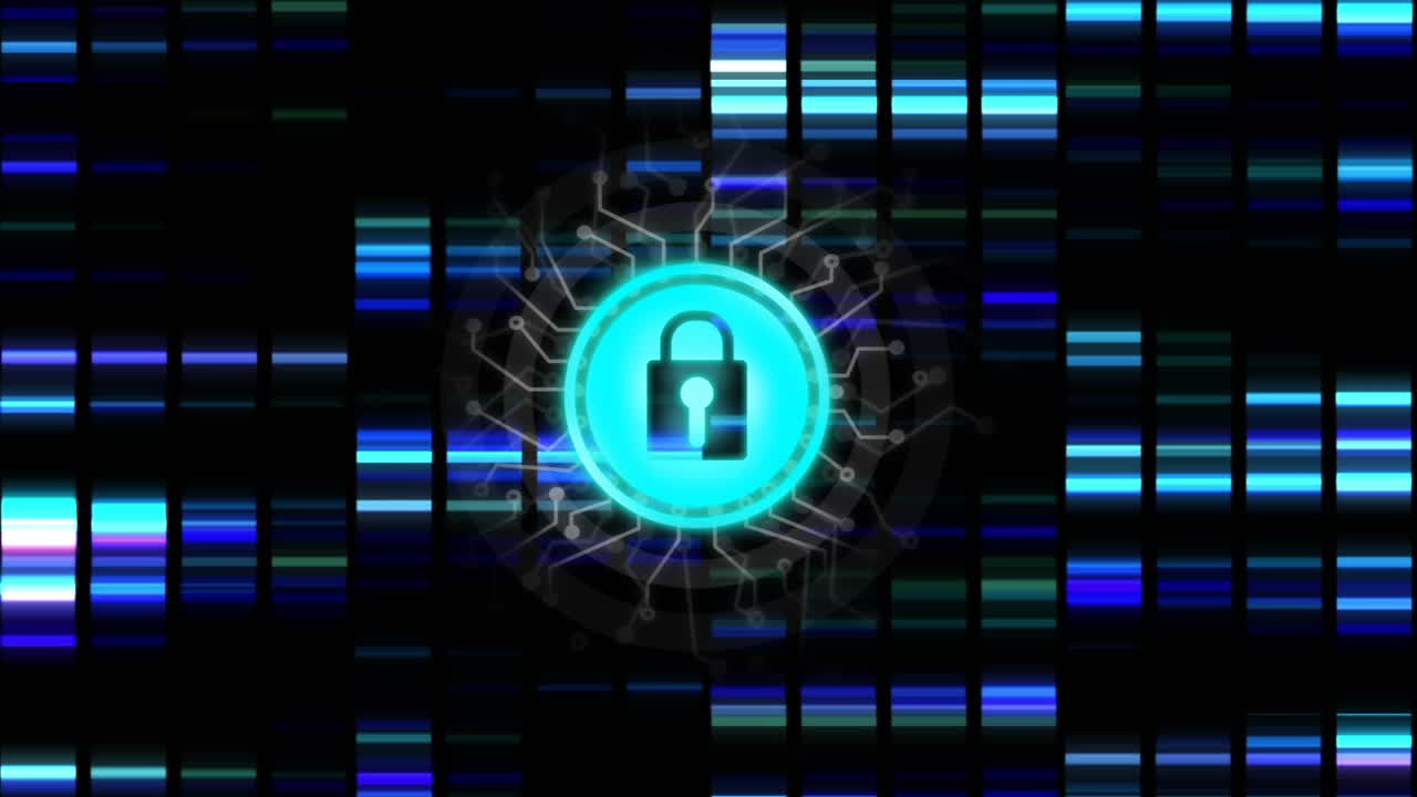 animación de la red de conexiones con candado de seguridad en línea sobre fondo oscuro