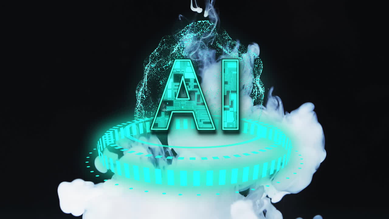 AI text over digital hologram and smoke animation