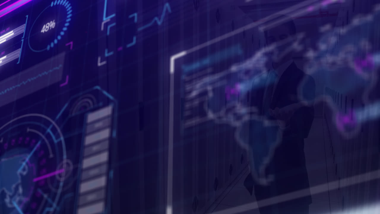 Animation of data processing over dark background