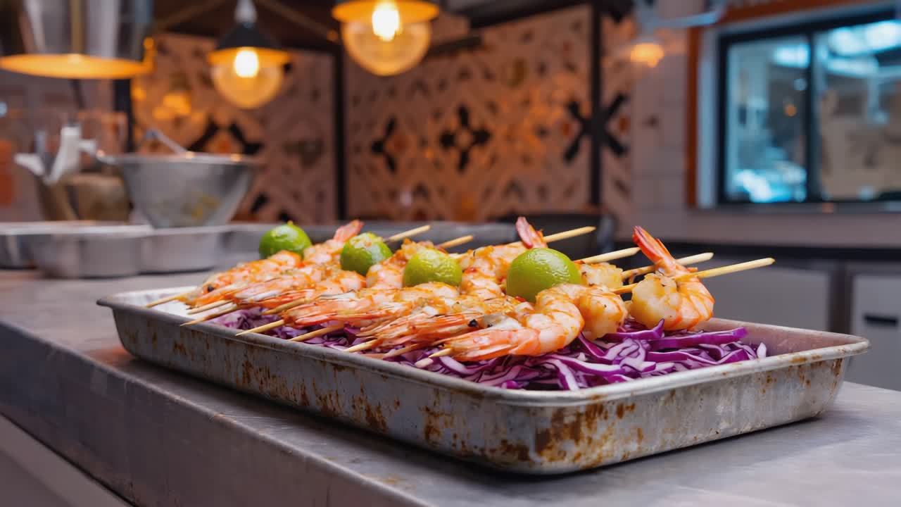 Shrimp skewers with lime and red cabbage