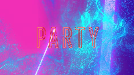 animation of party text banner over blue glowing digital wave and light trails on pink background