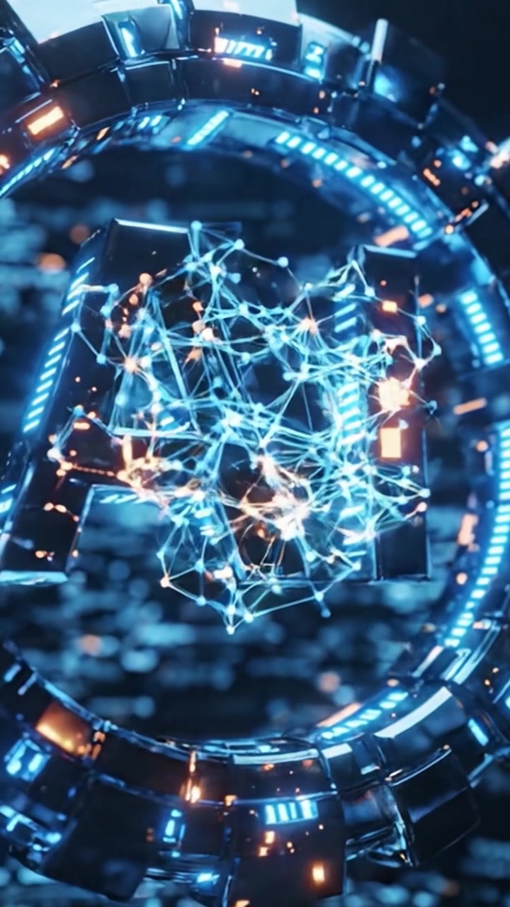 Futuristic Representation of Artificial Intelligence with Illuminated Blue Elements and Interconnected Network Visualization Transitioning from Abstract to Complex Structures