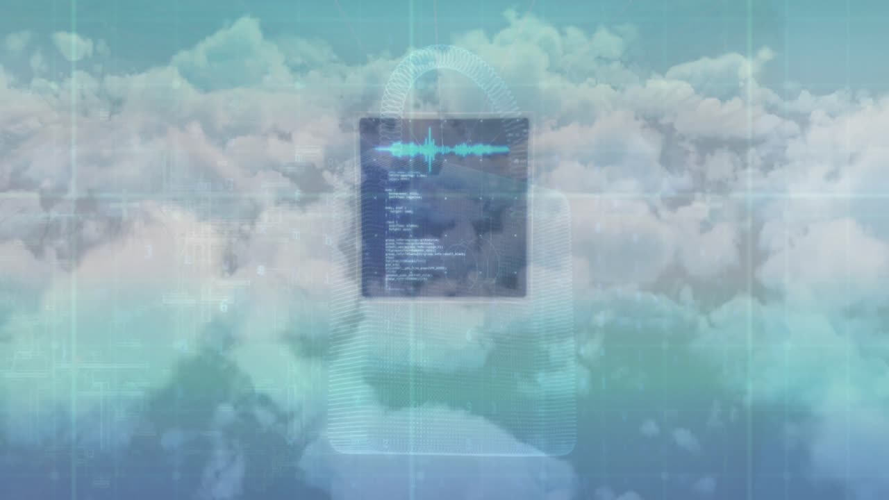 animación de procesamiento de datos sobre pantalla y nubes en el cielo