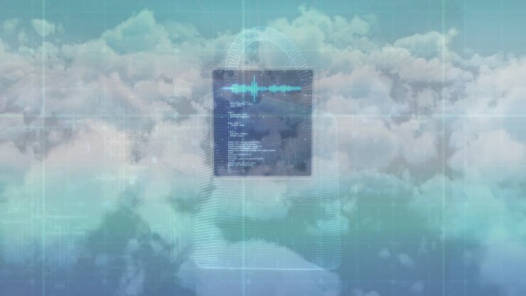 Animation of data processing over screen and clouds on sky