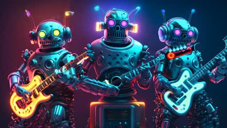 un grupo de robots tocando guitarras en una habitación oscura