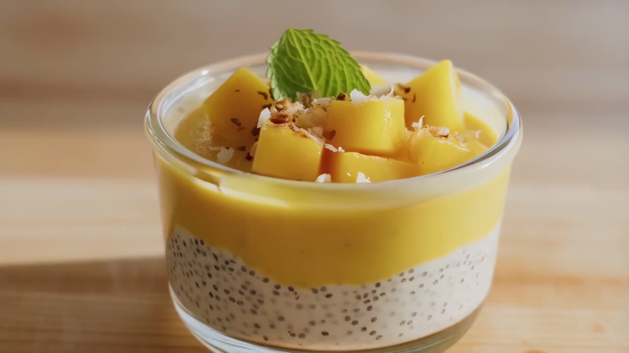 Budino di semi di chia al mango con frutta fresca e menta