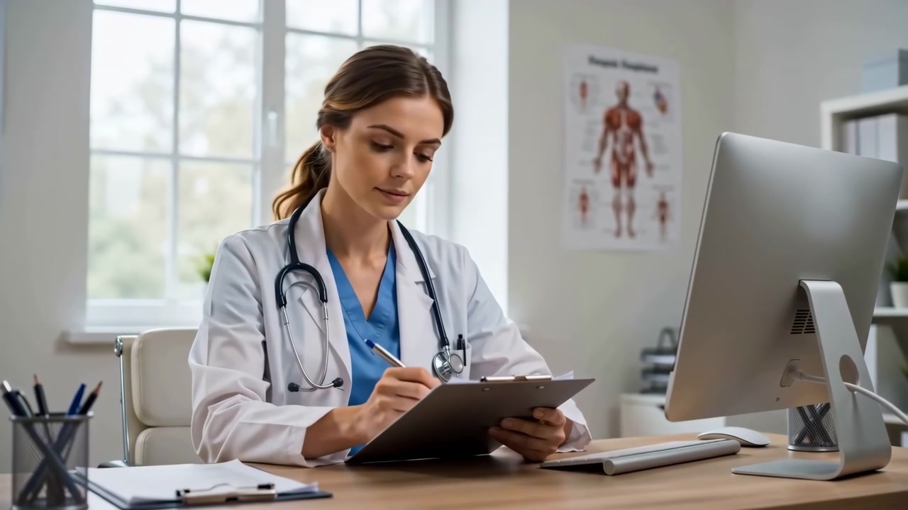 Giovane medico seduto alla scrivania in un luminoso ufficio clinico, che prende appunti su un blocco mentre guarda il monitor, circondato da uno spazio di lavoro pulito e moderno, luce naturale e forniture mediche organizzate