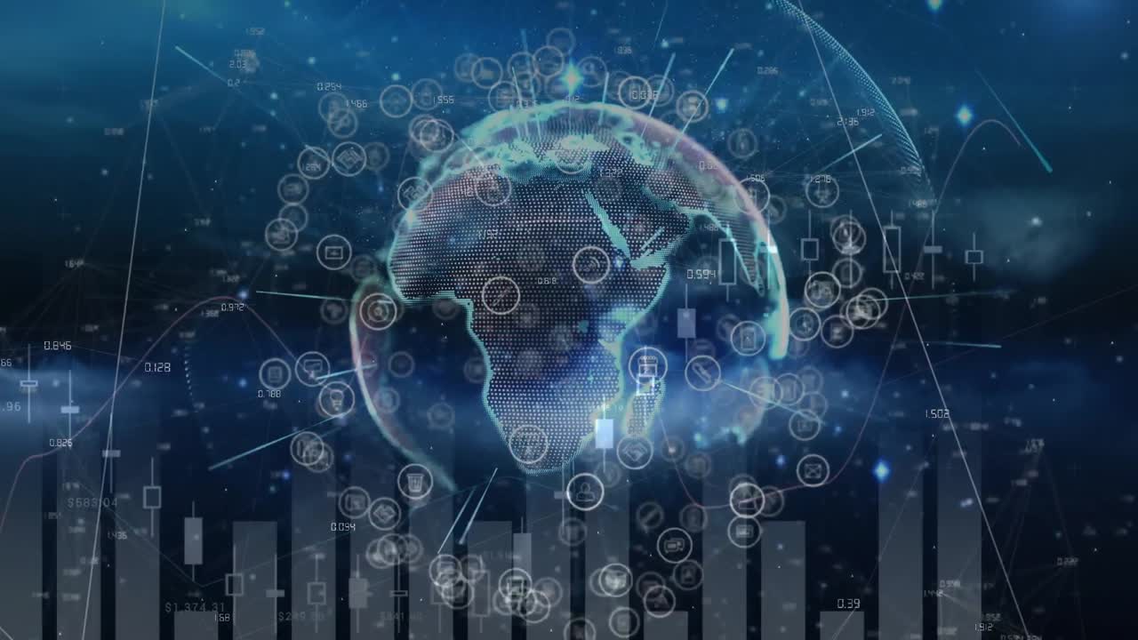 Animation of networks of connections with icons over globe and statistics