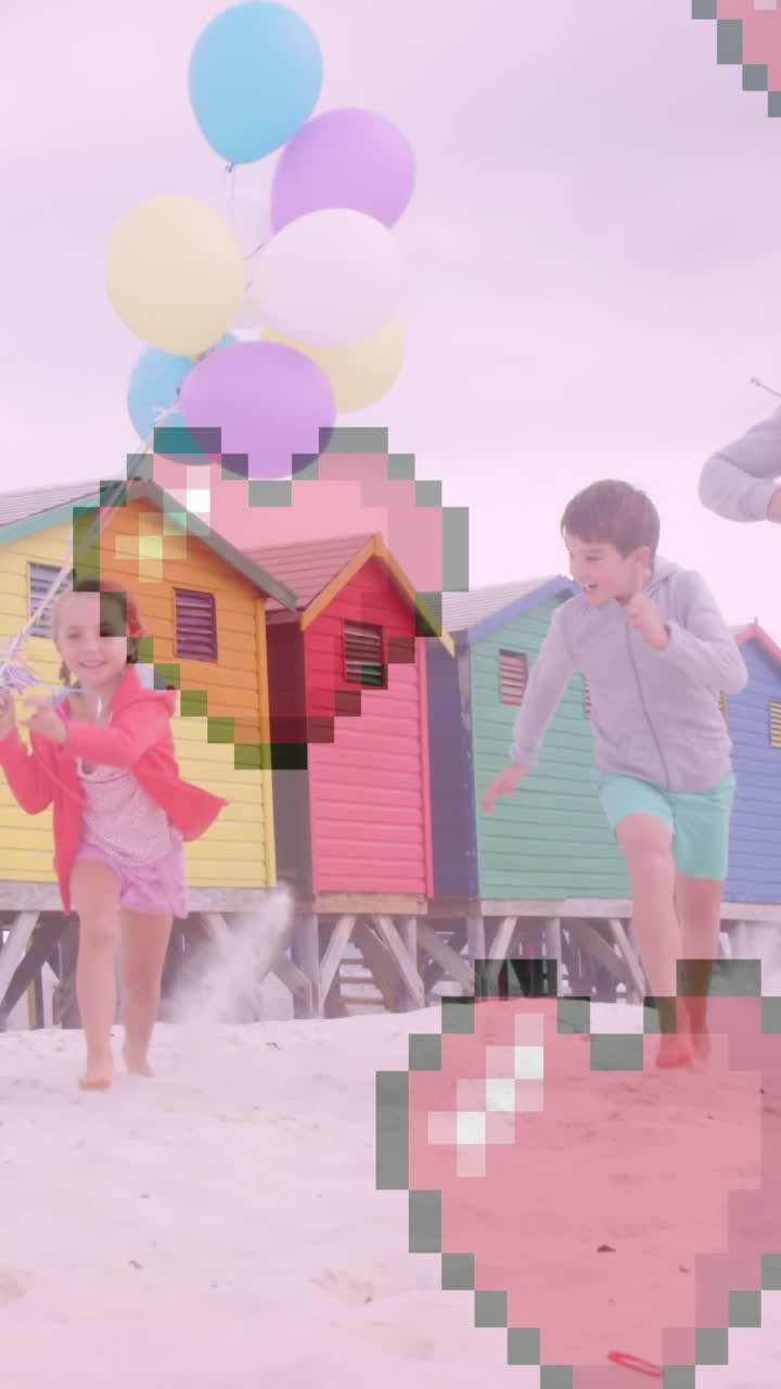 animación de iconos de corazón sobre una feliz familia caucásica corriendo en la playa