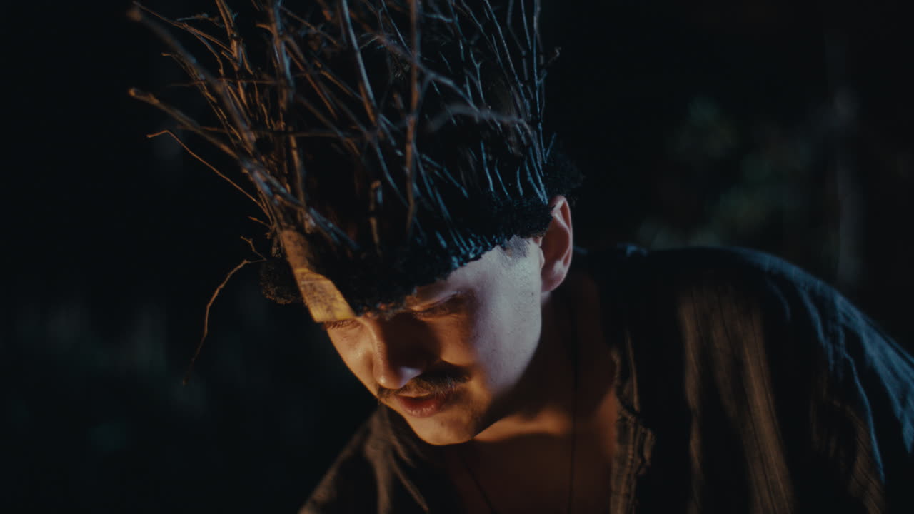 Mystic Figure with Branch Crown in Night Ritual