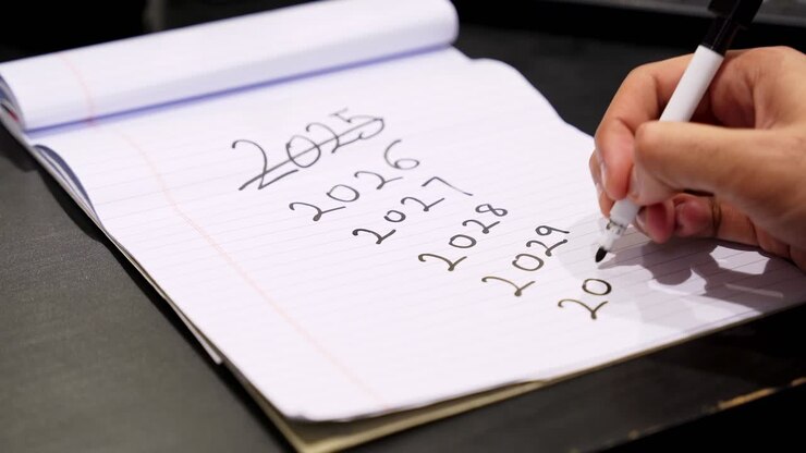 Close-up of hand writing a future years list 2025–2030 in a lined notebook with marker pen. Goal planning, timeline concept, indoor desk workspace, selective focus, copy space
