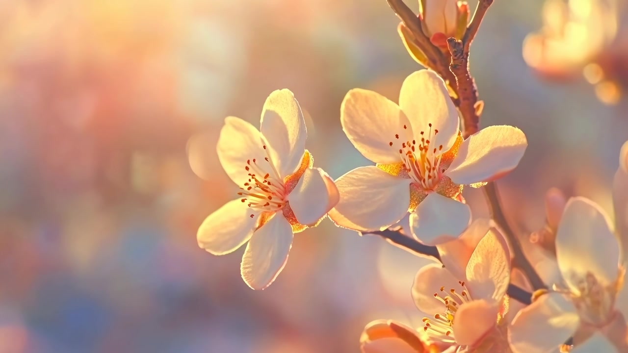 Delicate Cherry Blossom Flowers Blooming in Warm Golden Hour Sunlight