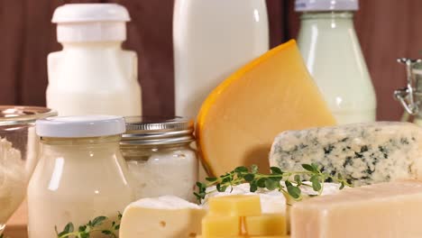 various dairy items displayed on a wooden surface