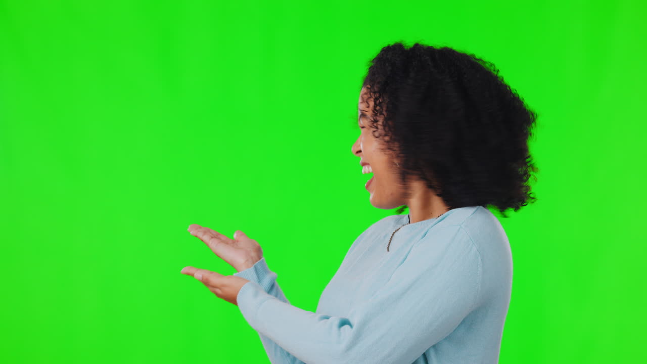 Excited woman, shake head and hands on green