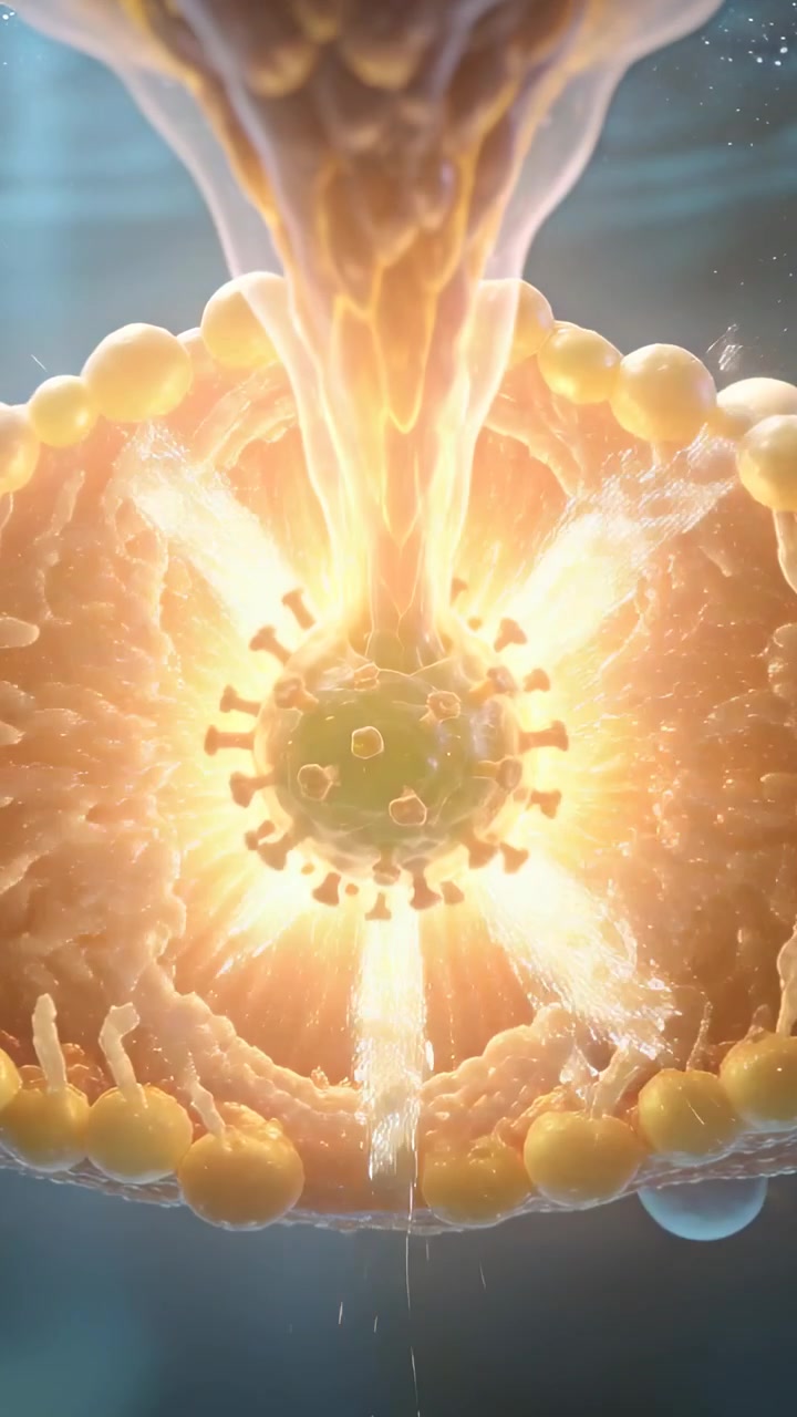 Vertikal video: Virusspidser binder sig via nedadgående receptor ved cellemembranen og frigiver RNA