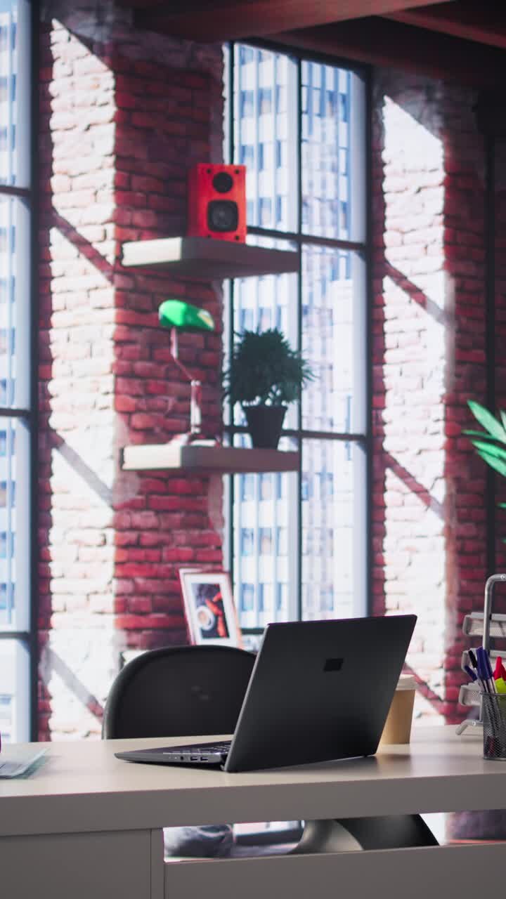 Video verticale: Scrivania vuota in un appartamento loft di lusso con un design moderno e minimalista.