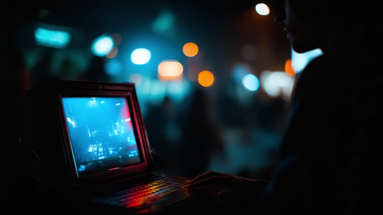 A focused individual manipulates a retro laptop, engrossed in a vibrant digital scene amidst a colorful, bustling night backdrop filled with glowing lights