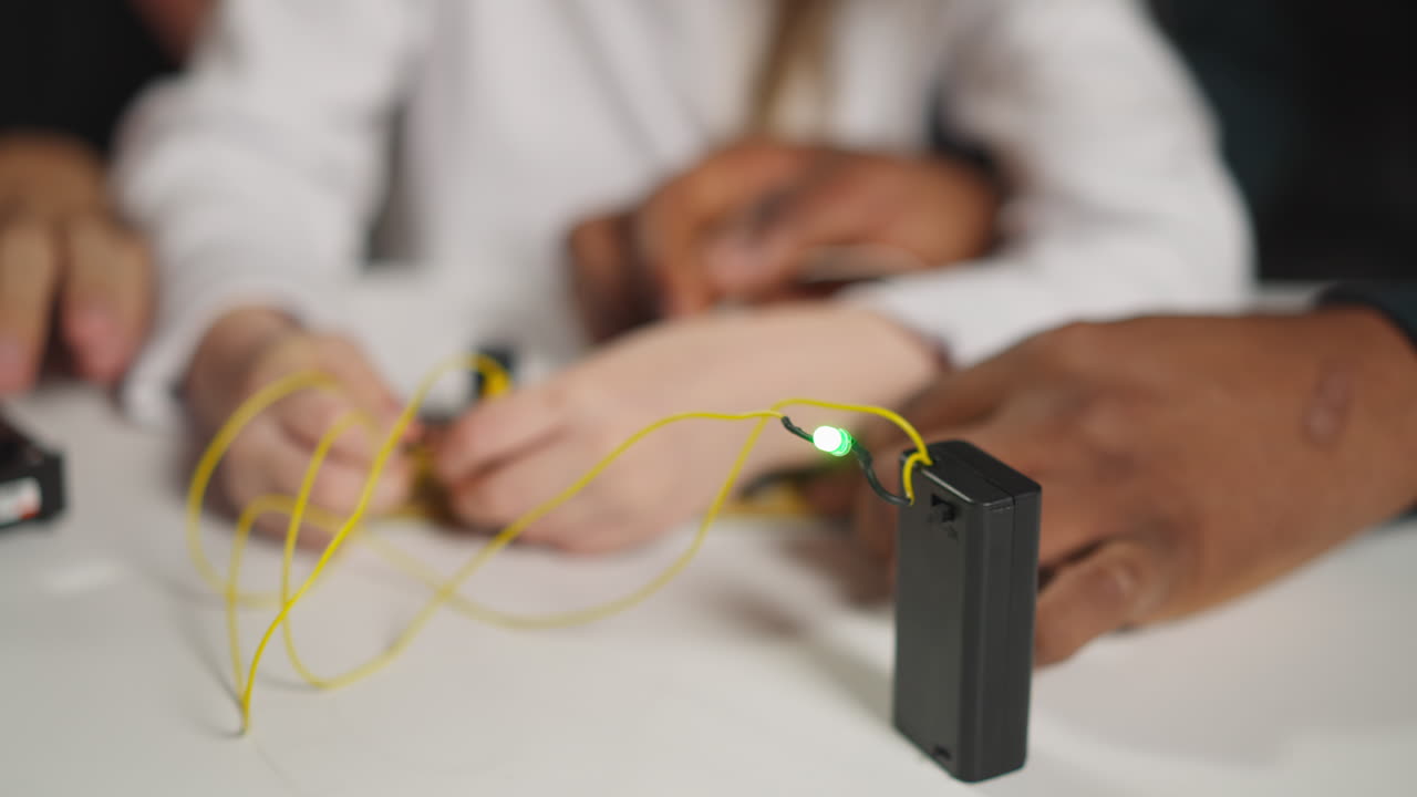 девушка берет зонды из чипа, чтобы выключить лампу с учителем.