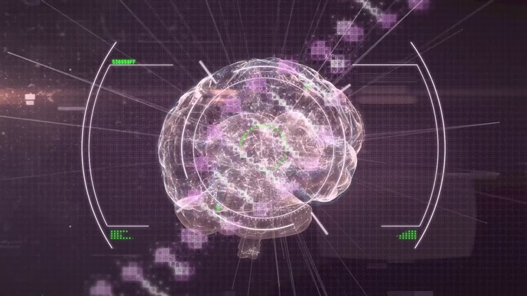 Animation of scope scanning over spinning human brain icon and dna structure