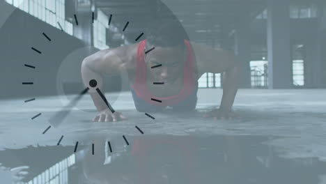 animation of clock ticking over man doing push ups in an abandoned building