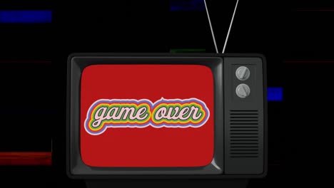 animation of retro game over rainbow text over vintage tv set and colourful flickering stripes on bl