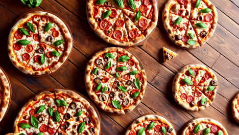 delicious pizzas and hand holding a slice