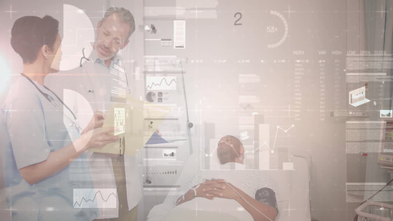 Male doctor and female nurse examining patient lying in bed with floating medical charts and graphs