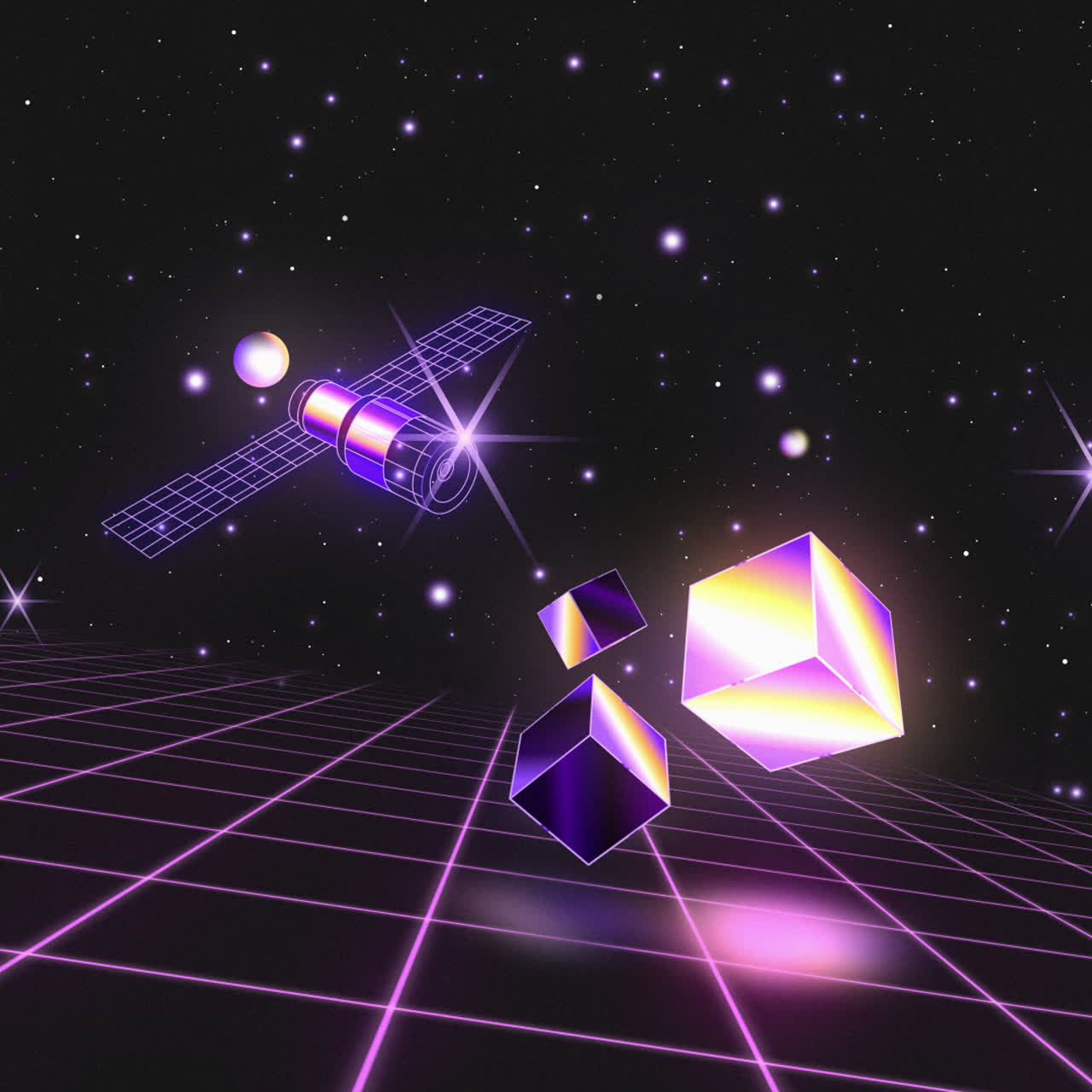 Retro Synthwave Space Scene with Satellite and Grid