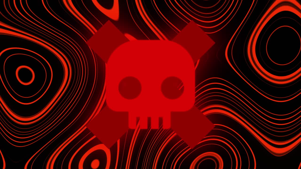 animación de un cráneo rojo con una cruz roja sobre un fondo rojo de lava