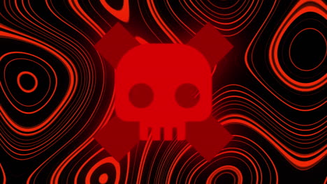 animation of a red skull with a red cross over red, lava background