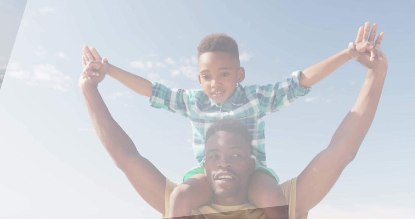 Animation of shapes over african american man and his son at beach